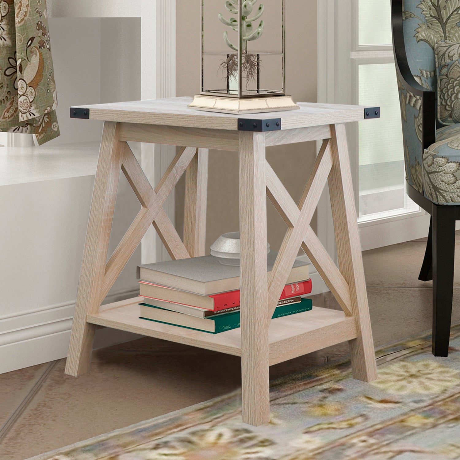 Farmhouse Side Table End Table with 2 Tier Storage White Oak